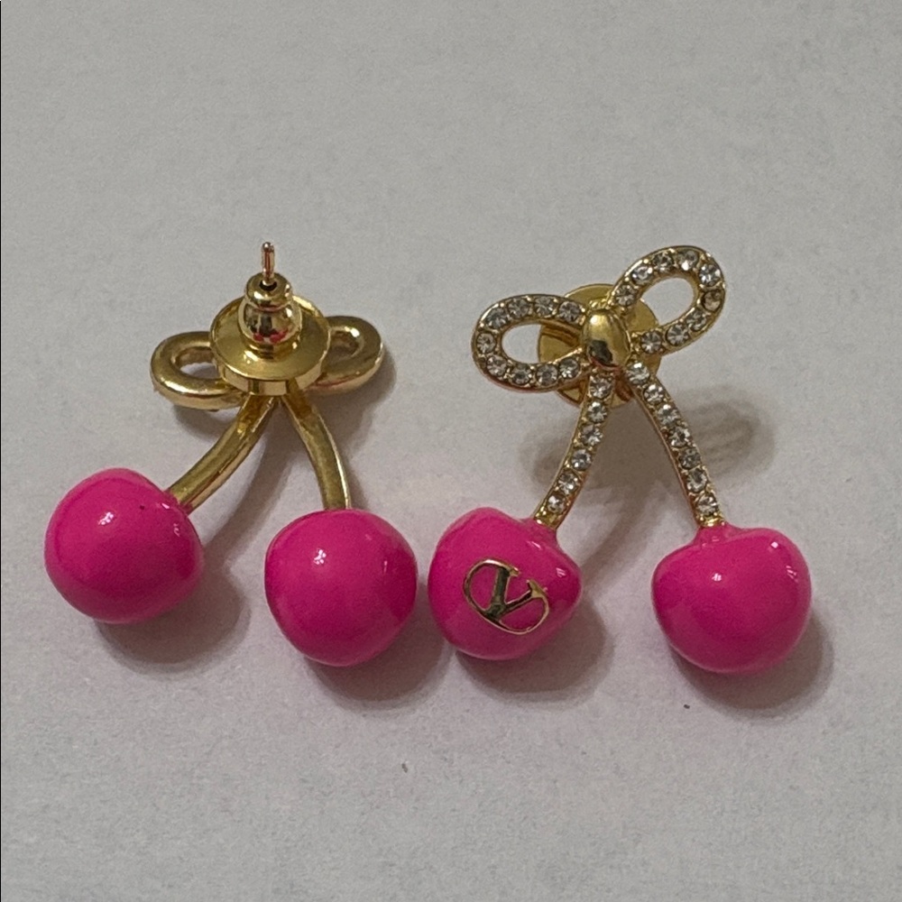 Gold Bow Earrings with Hot Pink Cherry Drops